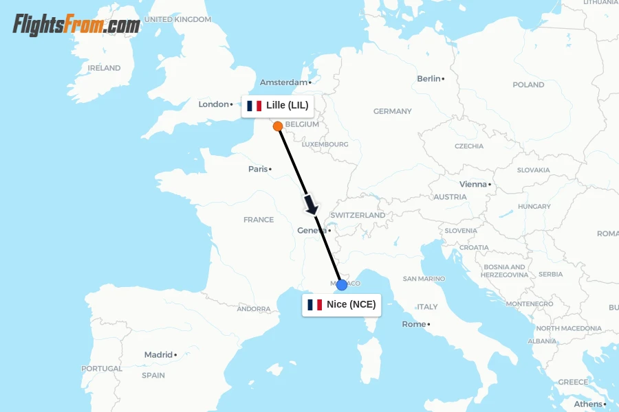 Flights from Lille to Nice route map