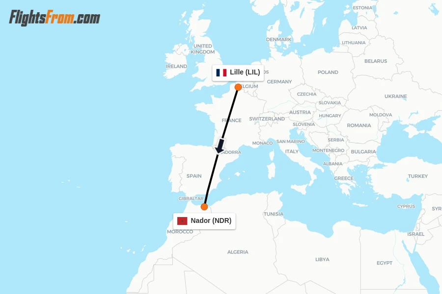 Flights from Lille to Nador route map