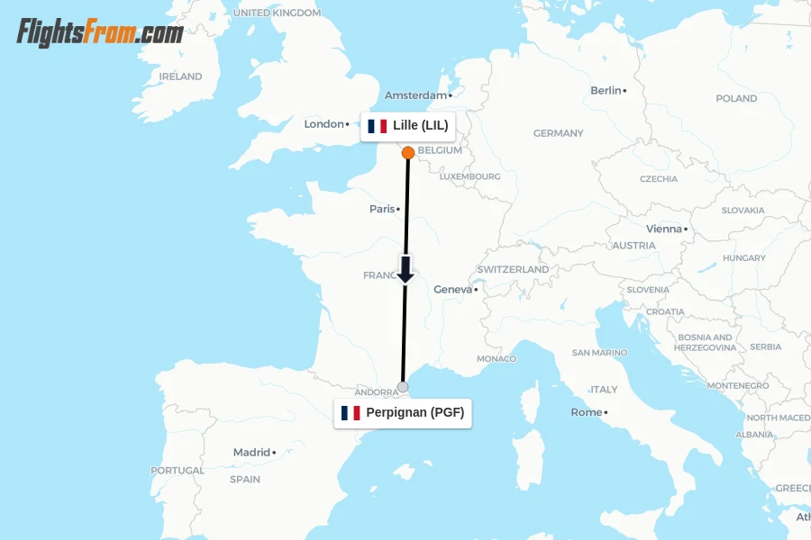 Flights from Lille to Perpignan route map