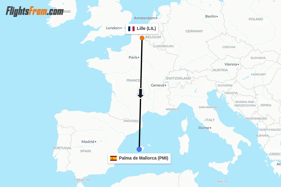 Flights from Lille to Palma de Mallorca route map