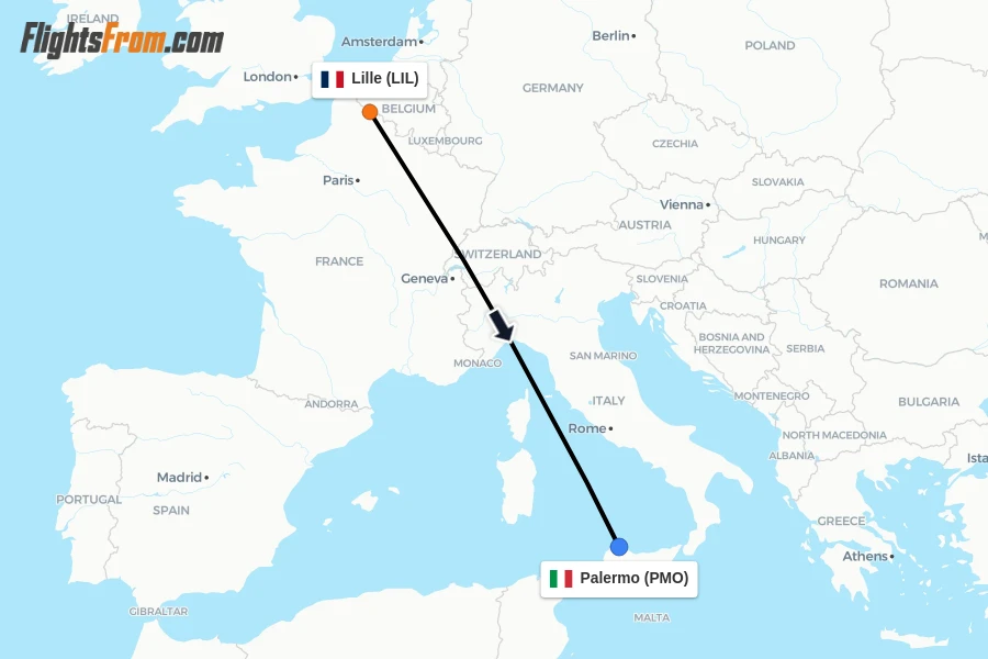 Flights from Lille to Palermo route map