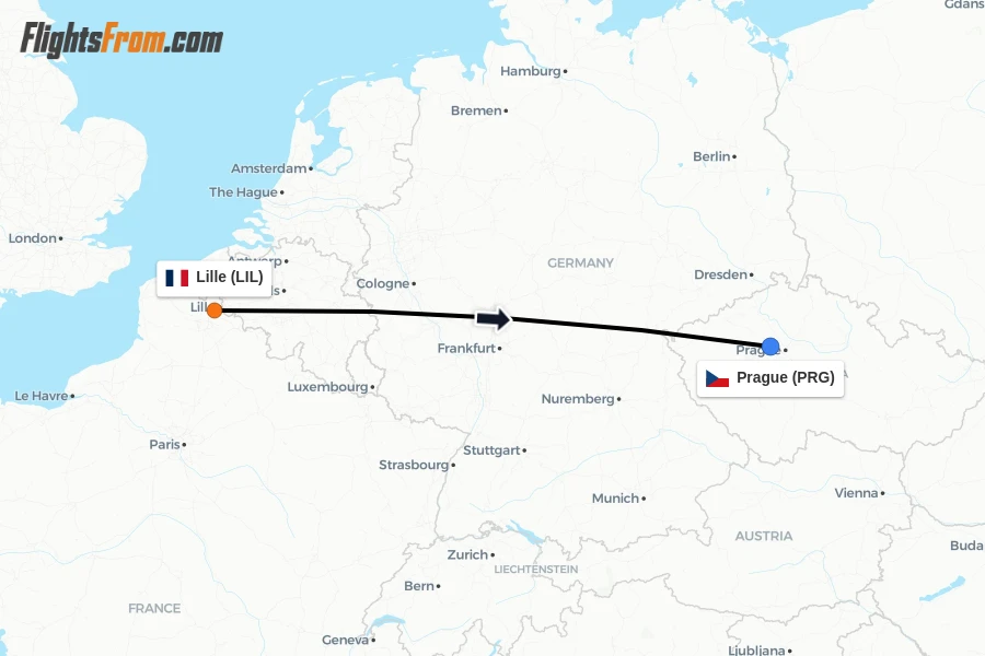Flights from Lille to Prague route map