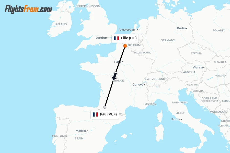 Flights from Lille to Pau route map