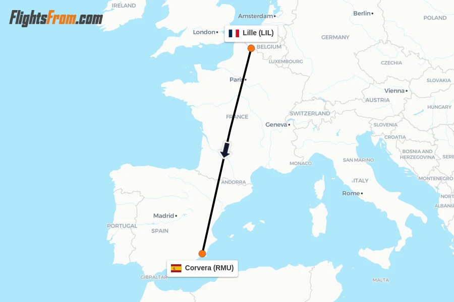 Flights from Lille to Corvera route map