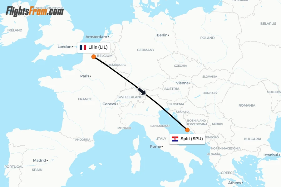 Flights from Lille to Split route map