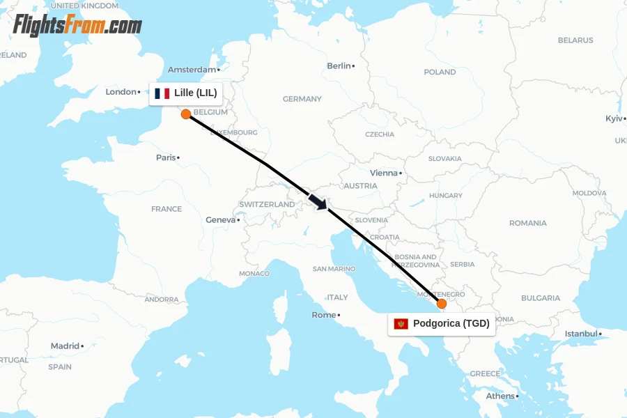 Flights from Lille to Podgorica route map