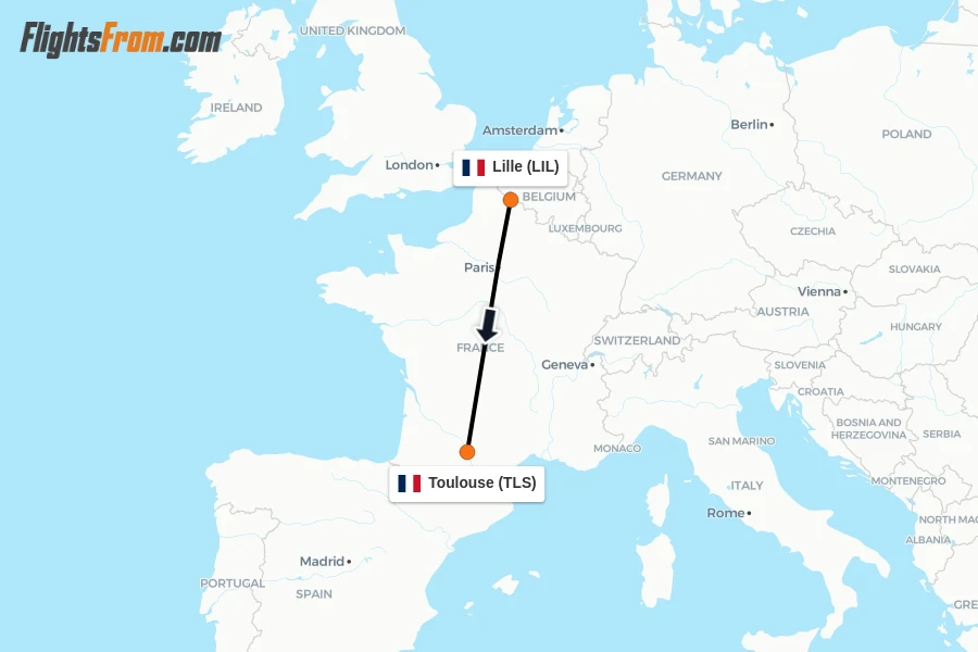 Flights from Lille to Toulouse route map