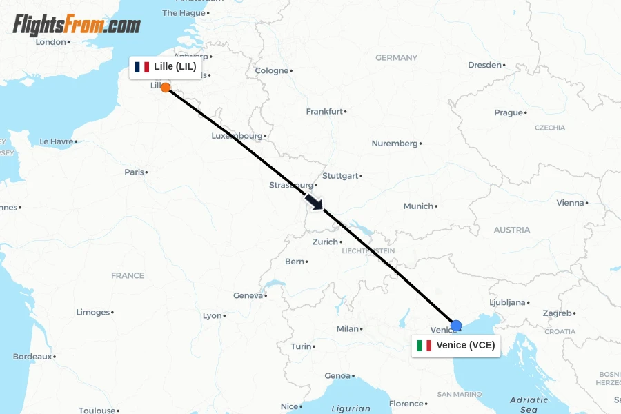 Flights from Lille to Venice route map