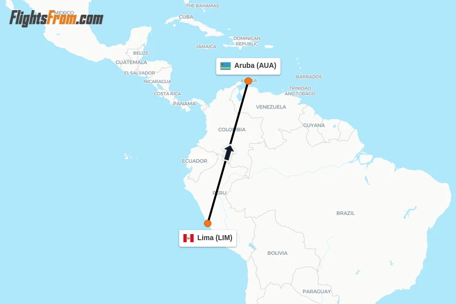 Flights from Lima to Aruba route map