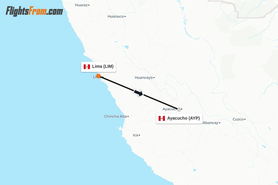 Flights from Lima to Ayacucho route map