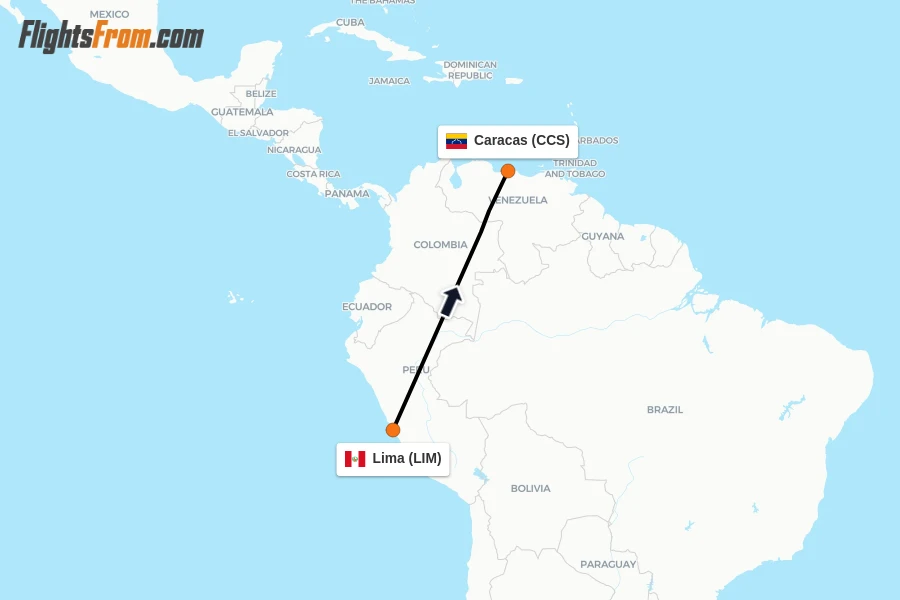 Flights from Lima to Caracas route map