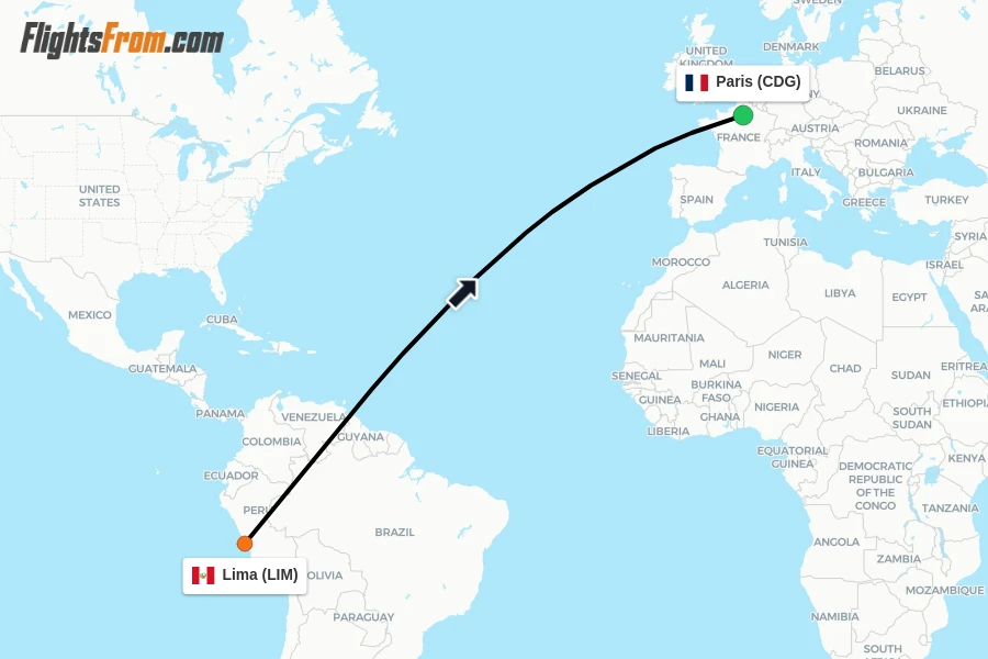 Flights from Lima to Paris route map