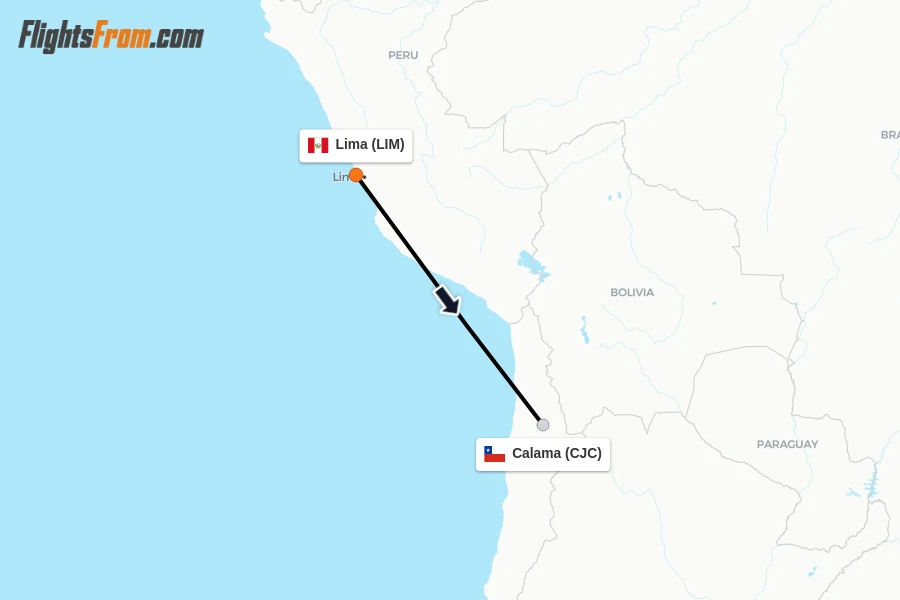 Flights from Lima to Calama route map