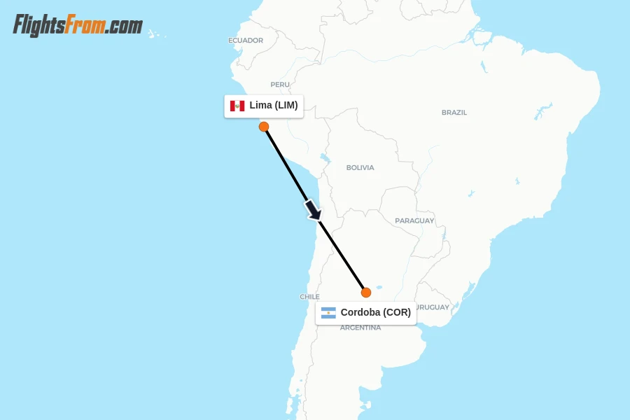 Flights from Lima to Cordoba route map
