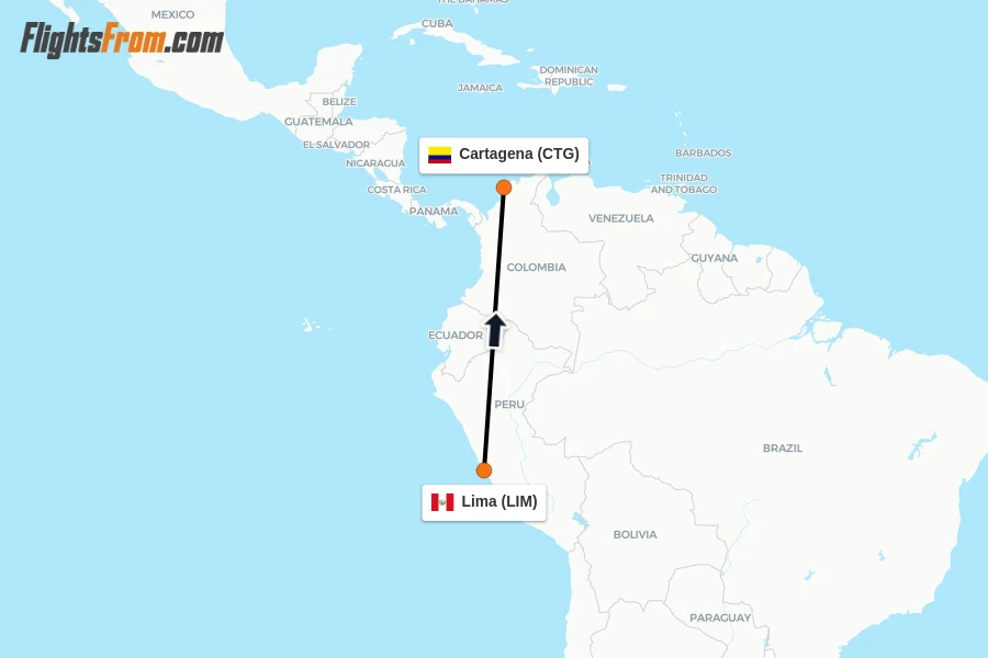 Flights from Lima to Cartagena route map