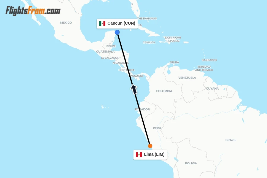 Flights from Lima to Cancun route map