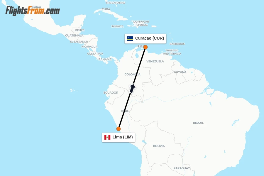 Flights from Lima to Curacao route map