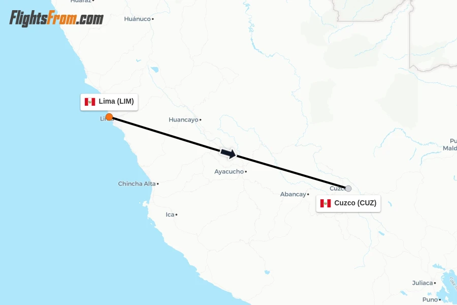 Flights from Lima to Cuzco route map