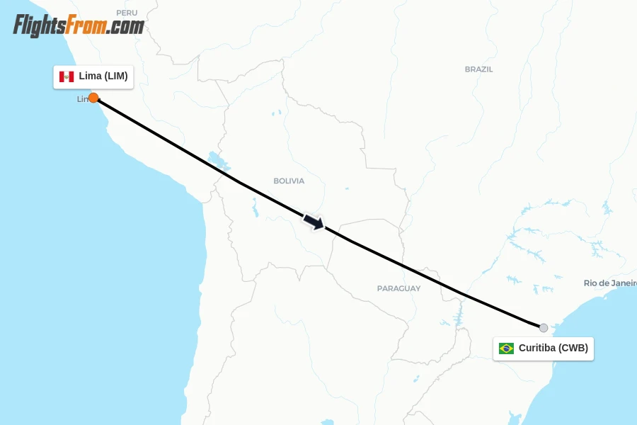 Flights from Lima to Curitiba route map