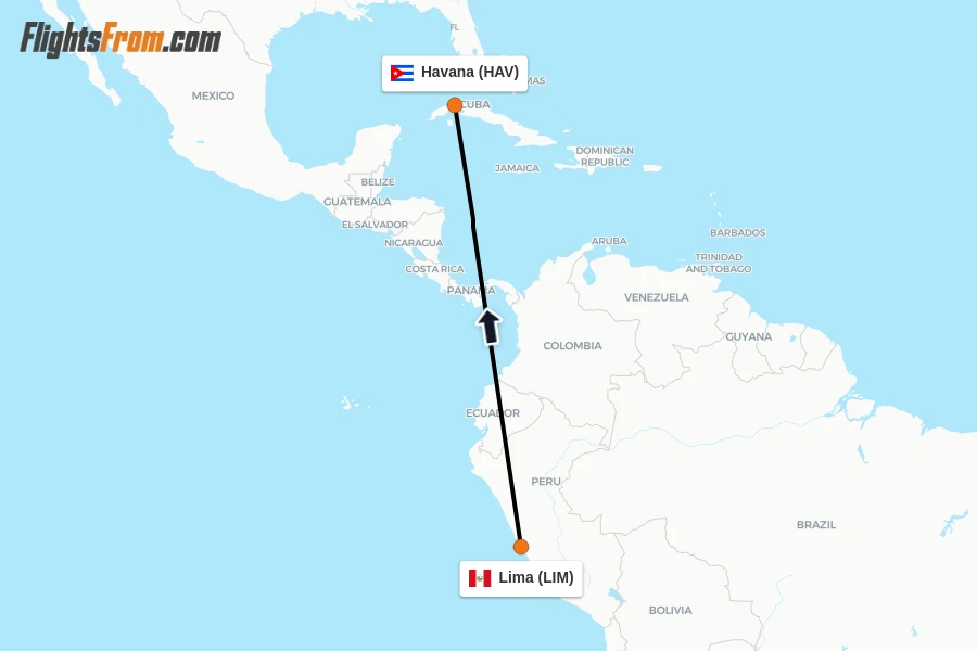 Flights from Lima to Havana route map