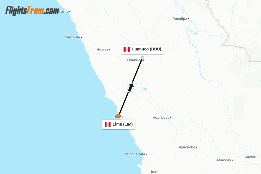 Flights from Lima to Huanuco route map