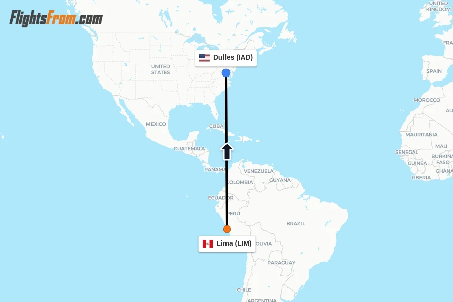 Flights from Lima to Dulles route map