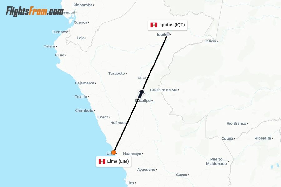 Flights from Lima to Iquitos route map