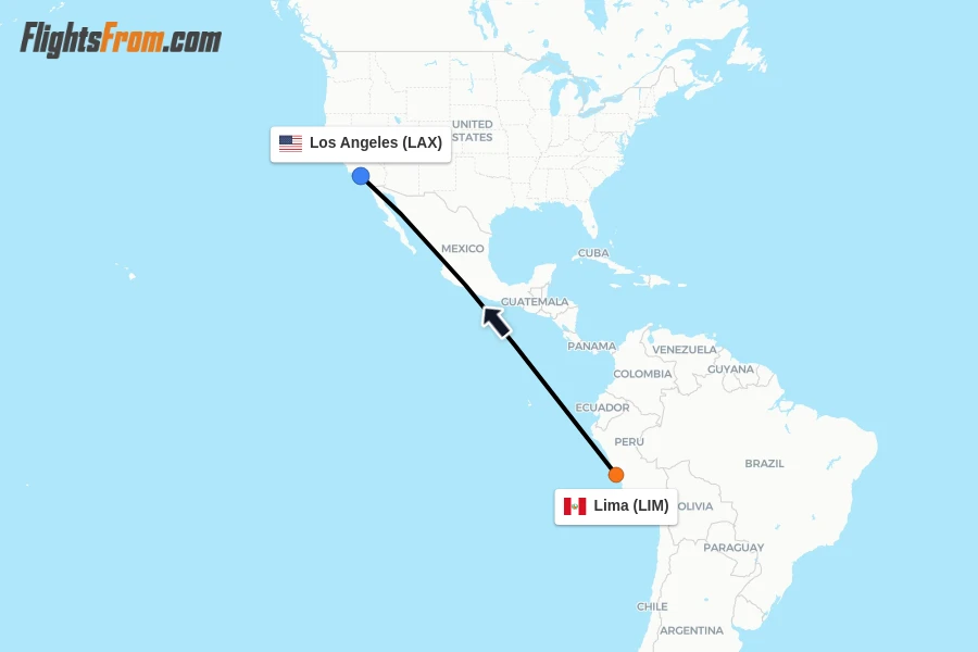 Flights from Lima to Los Angeles route map