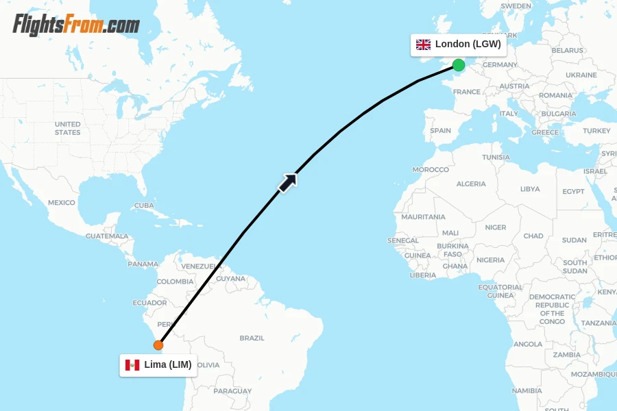 Flights from Lima to London route map