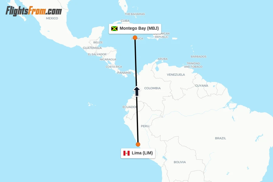 Flights from Lima to Montego Bay route map
