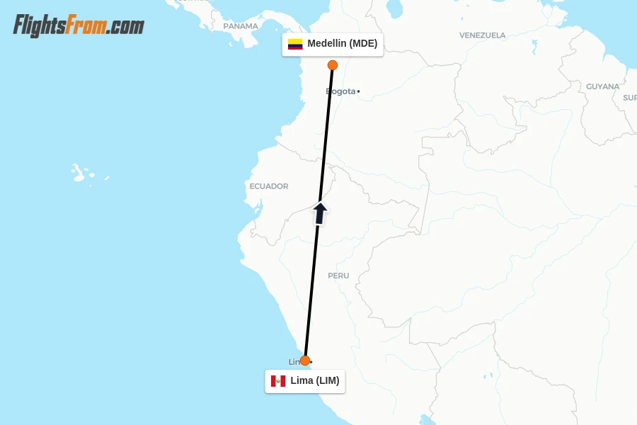 Flights from Lima to Medellin route map