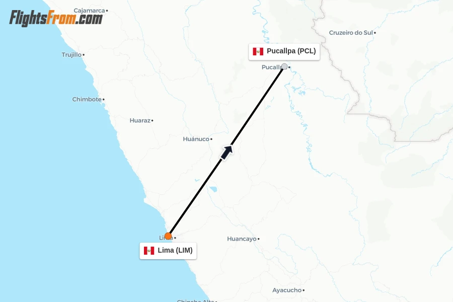 Flights from Lima to Pucallpa route map