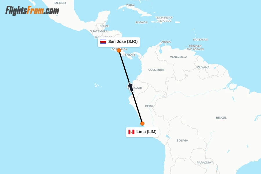 Flights from Lima to San Jose route map