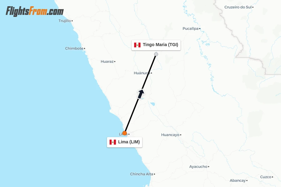 Flights from Lima to Tingo Maria route map
