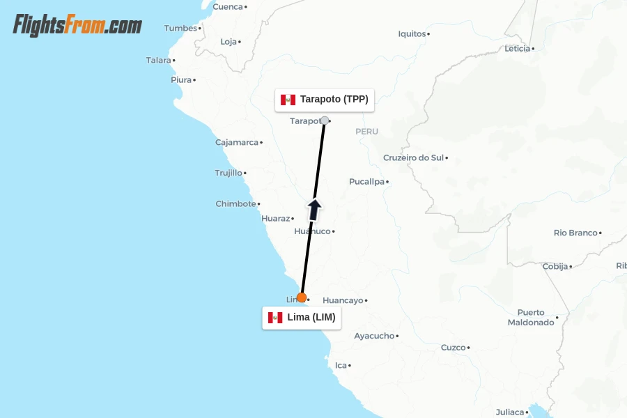 Flights from Lima to Tarapoto route map