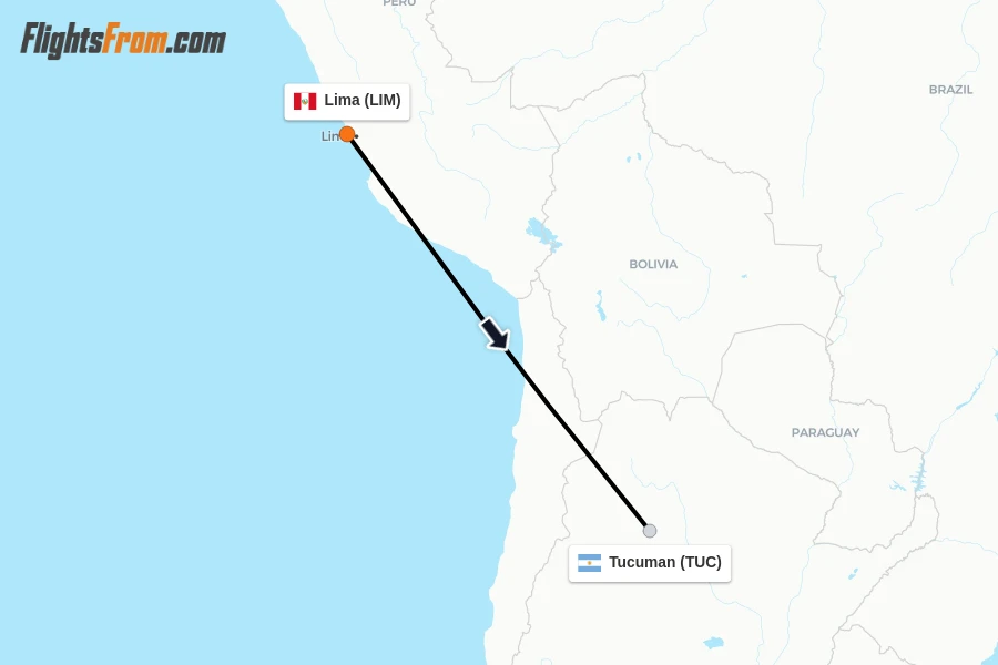 Flights from Lima to Tucuman route map