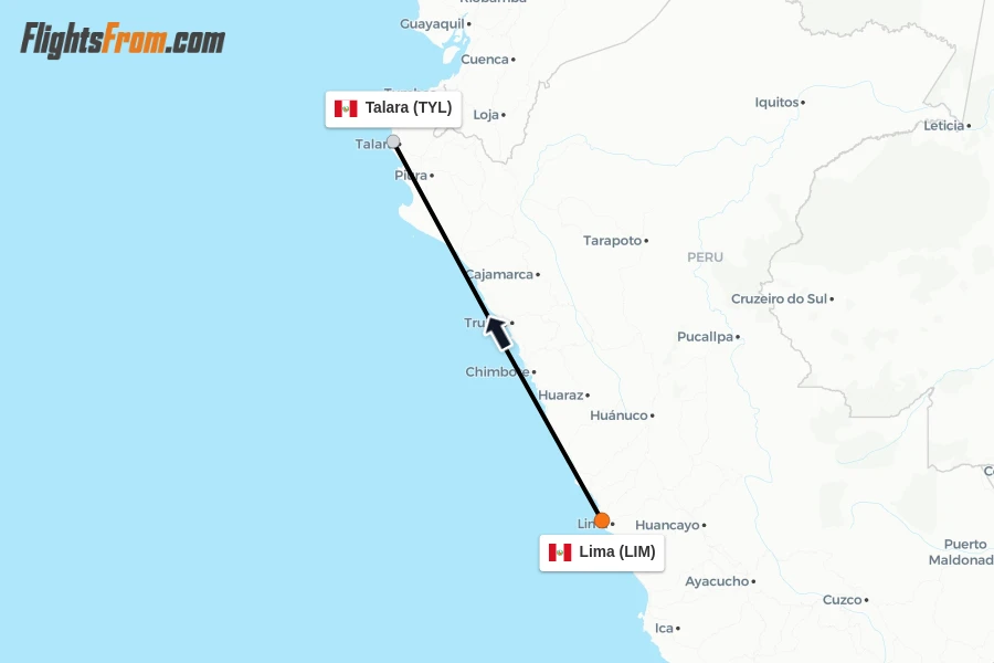 Flights from Lima to Talara route map