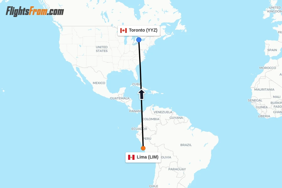 Flights from Lima to Toronto route map