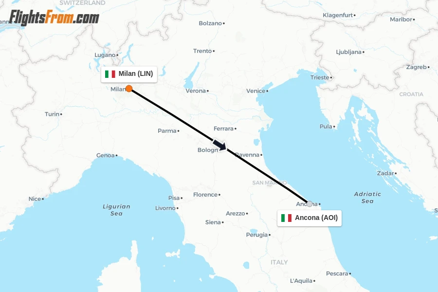 Flights from Milan to Ancona route map