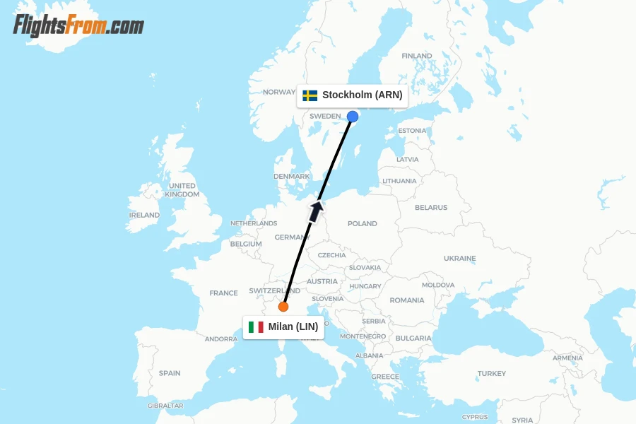 Flights from Milan to Stockholm route map