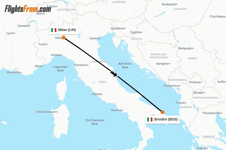 Flights from Milan to Brindisi route map