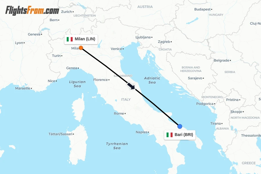 Flights from Milan to Bari route map