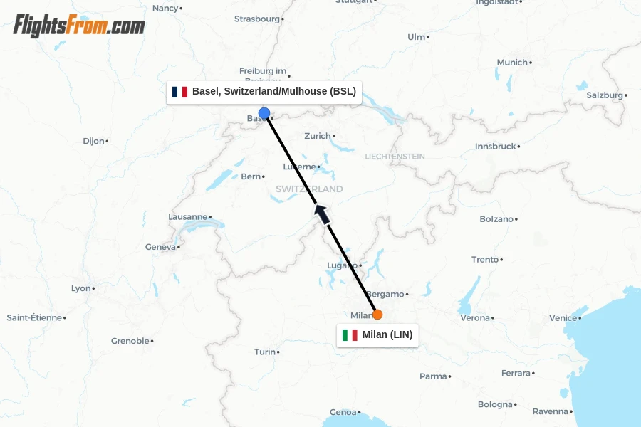 Flights from Milan to Basel, Switzerland/Mulhouse route map