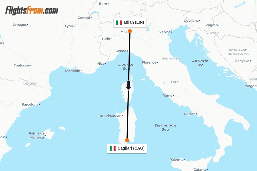 Flights from Milan to Cagliari route map