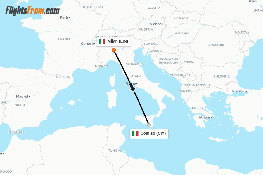 Flights from Milan to Comiso route map