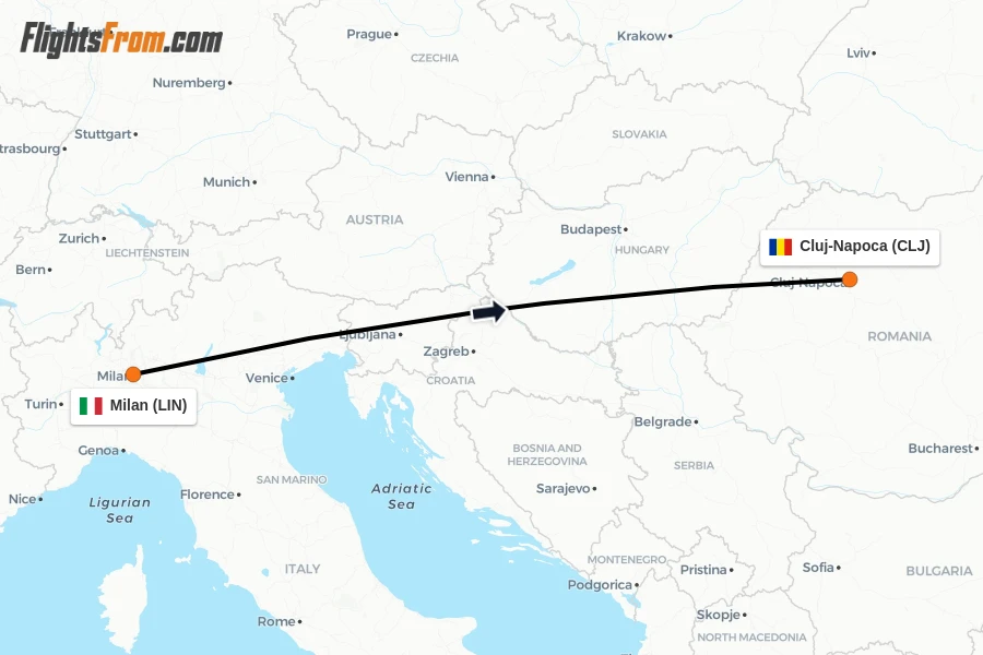 Flights from Milan to Cluj-Napoca route map