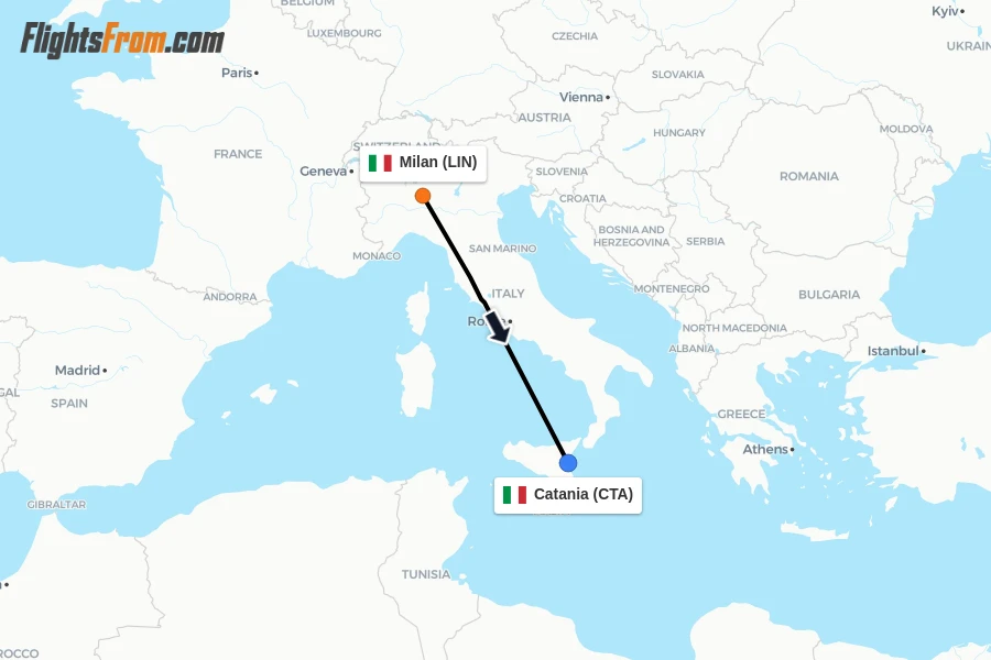 Flights from Milan to Catania route map
