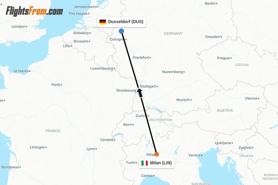 Flights from Milan to Dusseldorf route map
