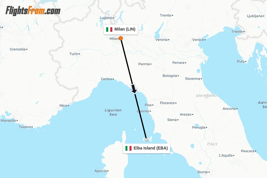 Flights from Milan to Elba Island route map