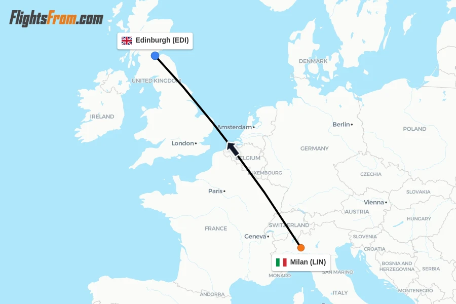Flights from Milan to Edinburgh route map